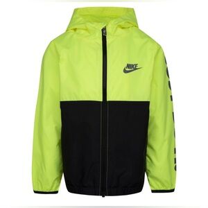 Nike Kids Neon Yellow and Black Hooded Rain Jacket